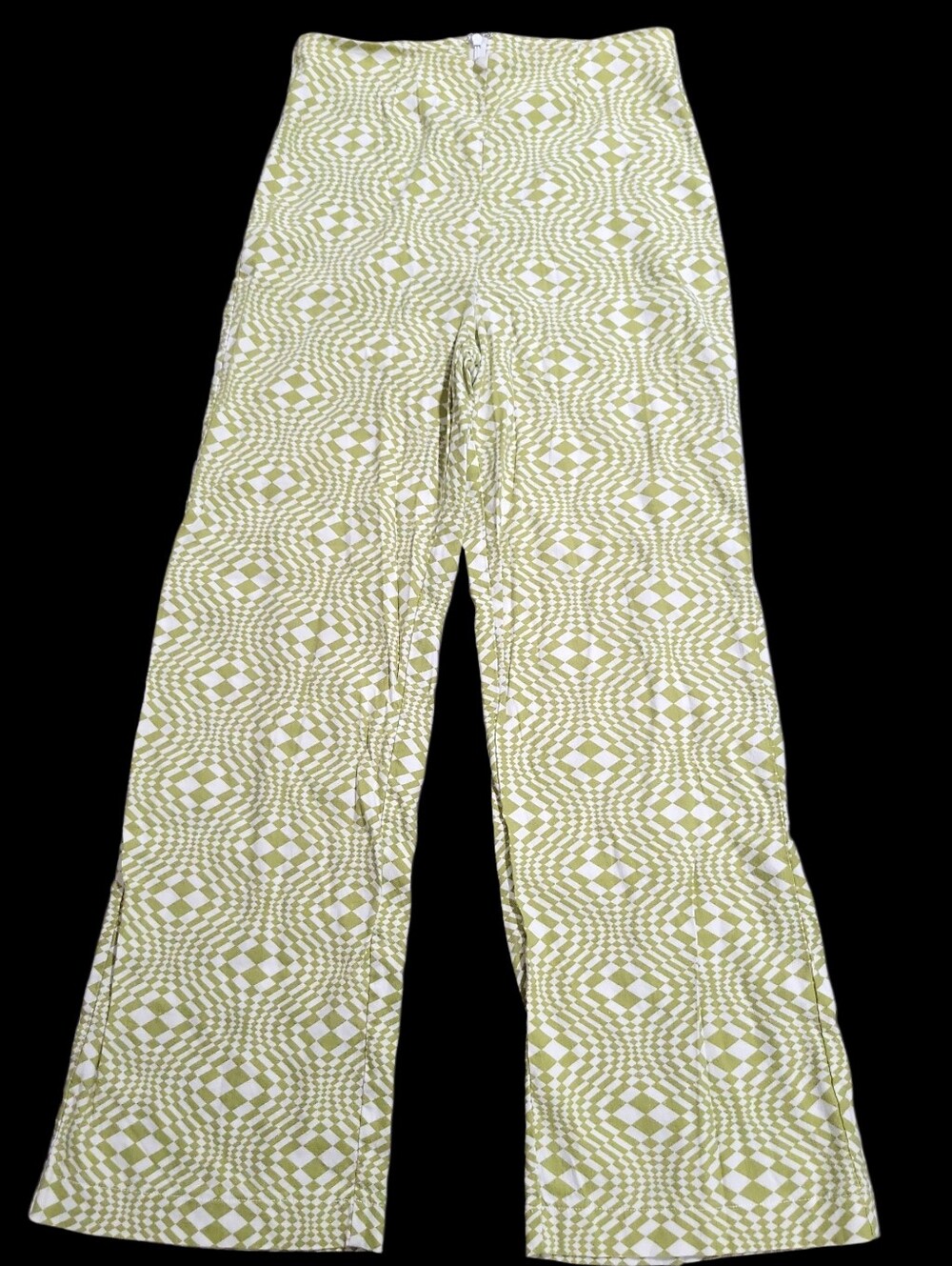 WAYF Green White Retro Checkerboard Flare Trouser Pants Size XS Linen Rayon - Picture 2 of 9